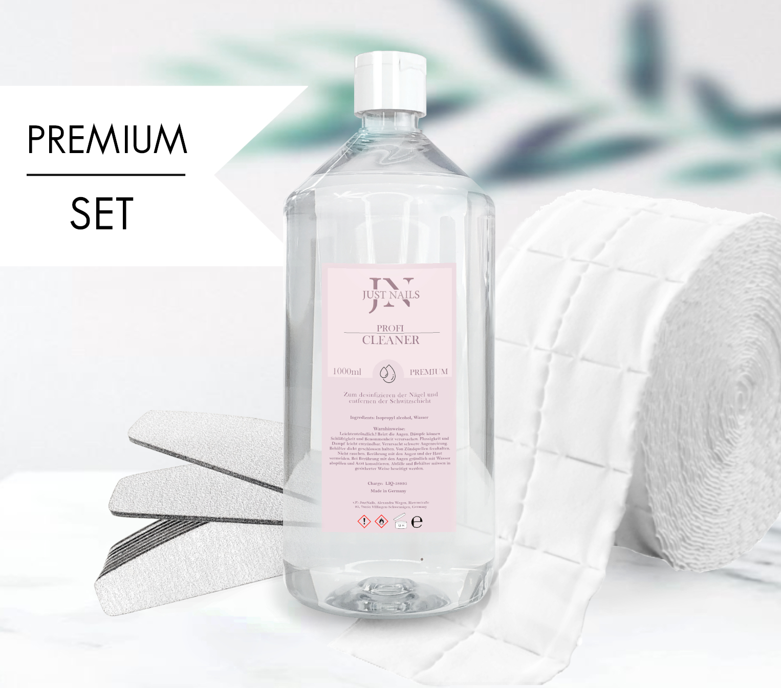 JUSTNAILS Spar Set - 1L Cleaner - 500 Zelletten - 50 Zebra Feilen Halbmond L